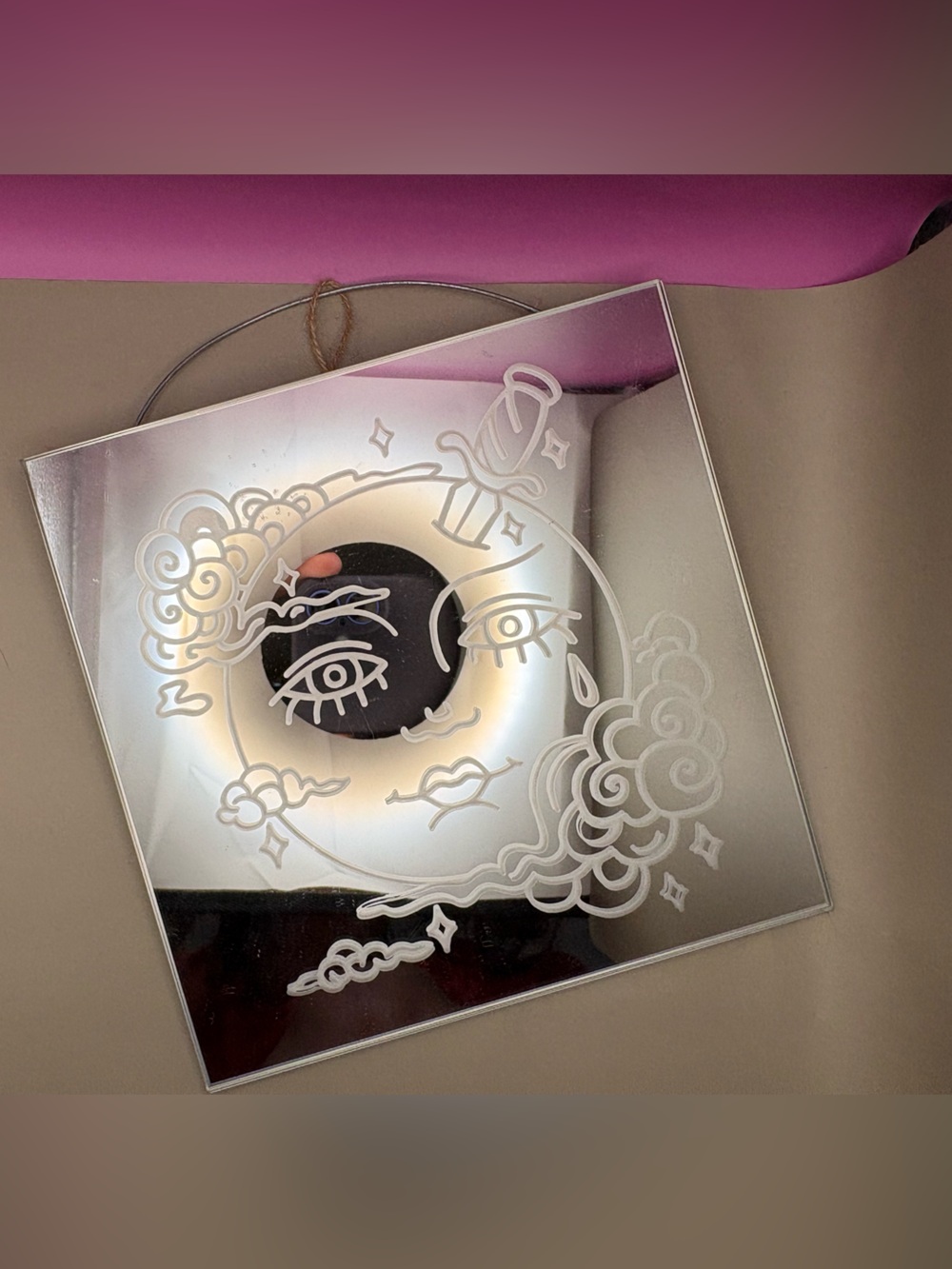 Hand Crafted Silver Mirrored Wall Art with Moon Face Design